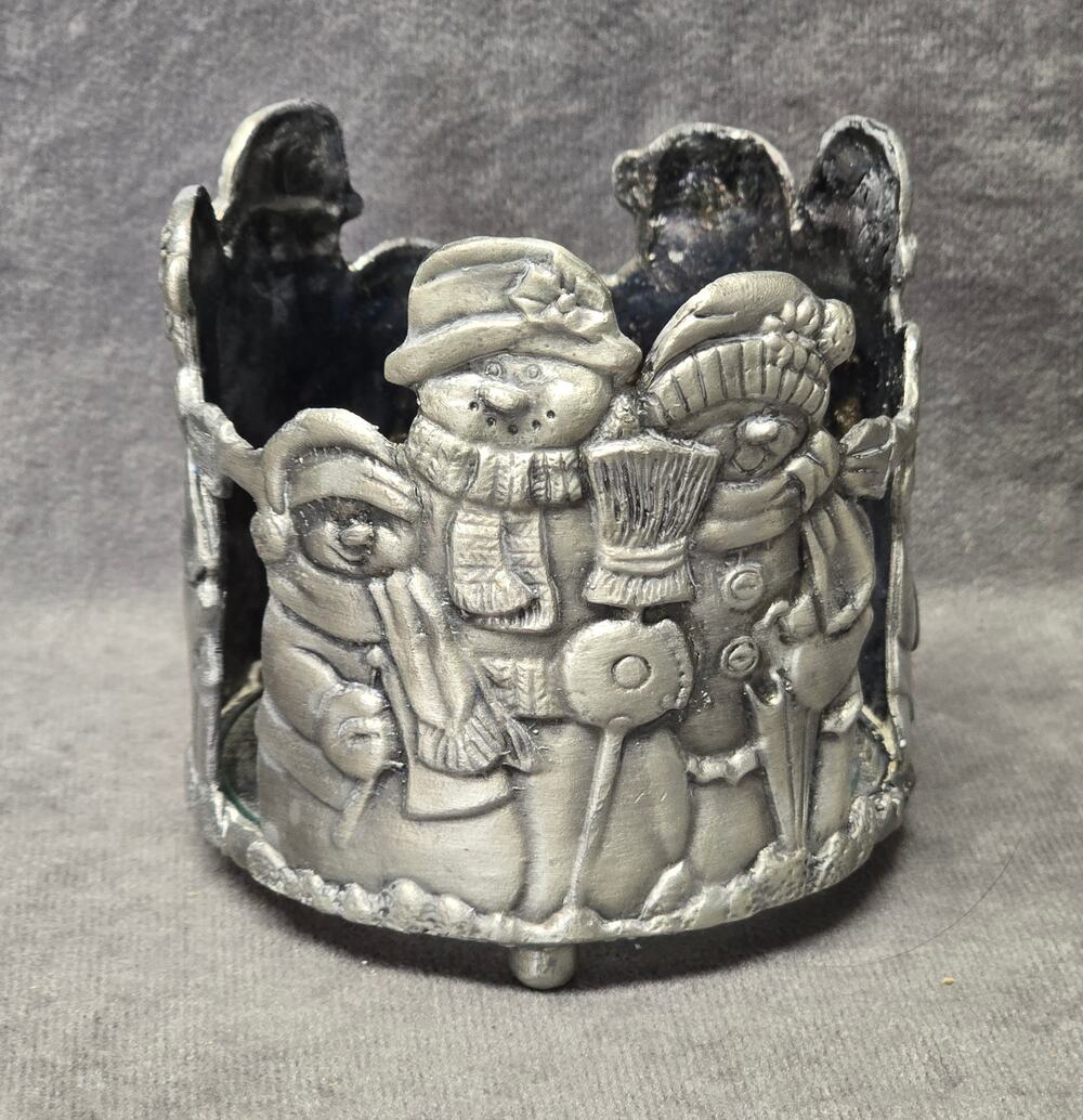 Christmas Snowman Family Holiday Silver Pewter Metal Candle Holder
